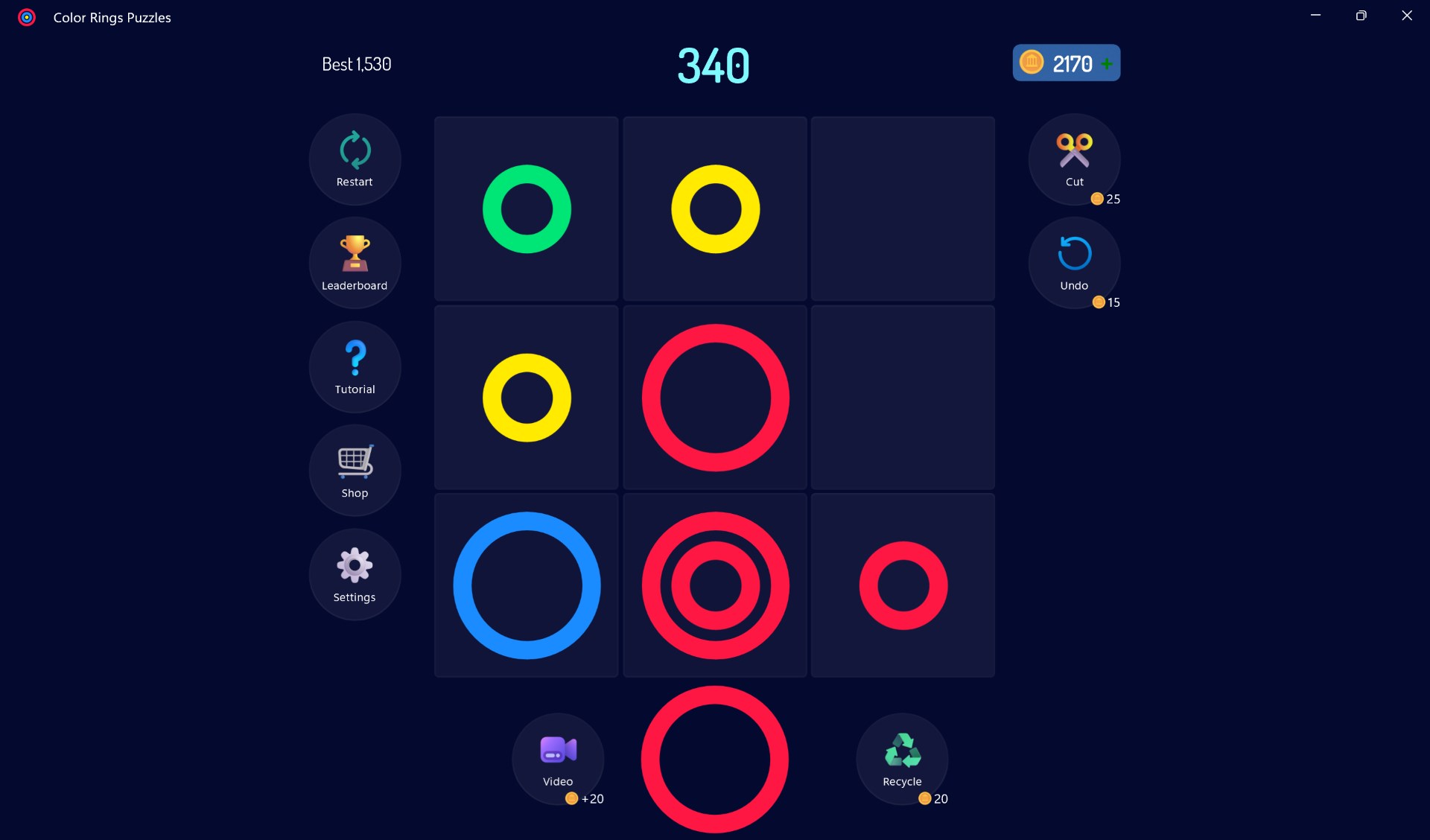 Match the color Rings in a Row, Column or Diagonal.