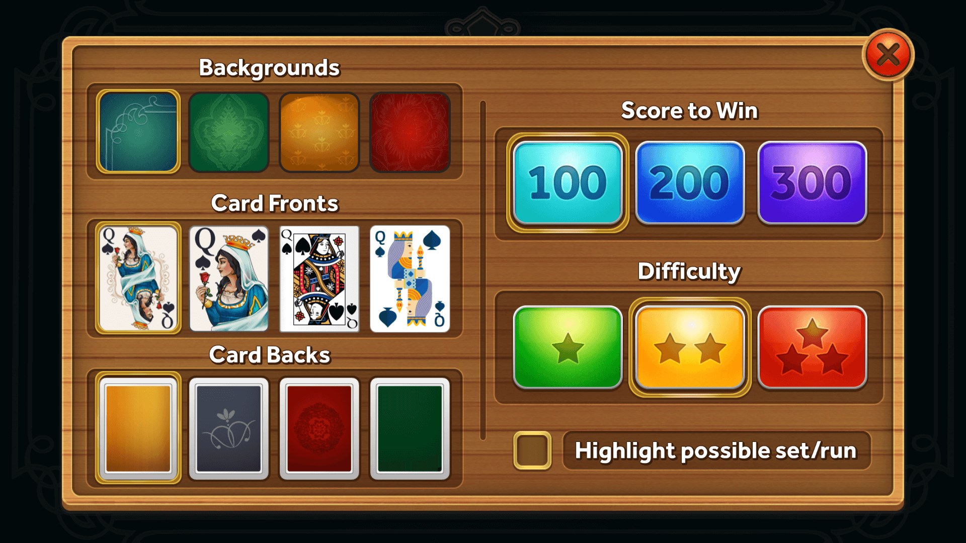 Customizable card backs and backgrounds.