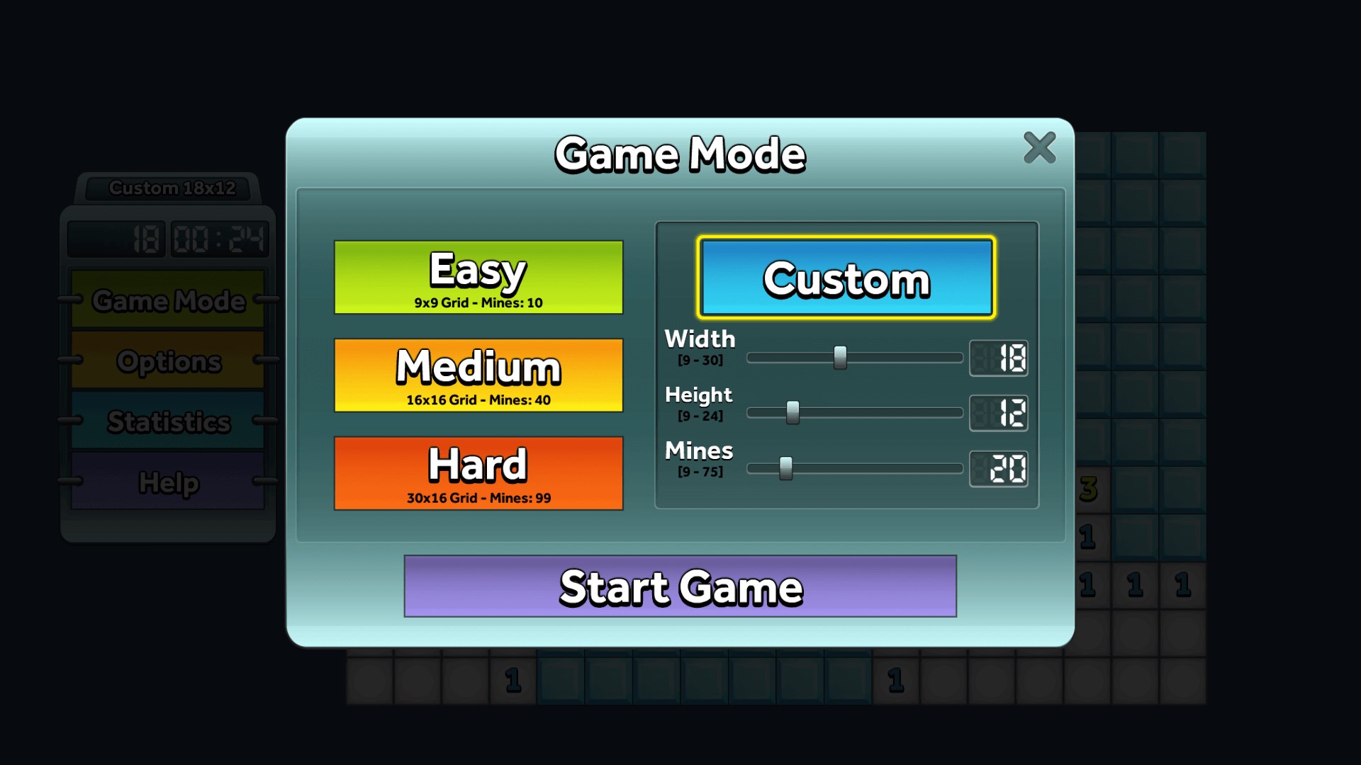 Easy, Medium, Hard, and Custom game modes.