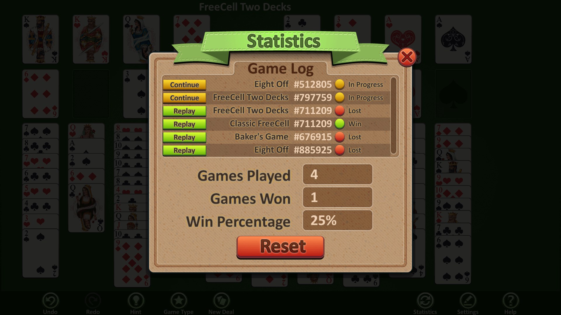 Game log stores previous games for replay.