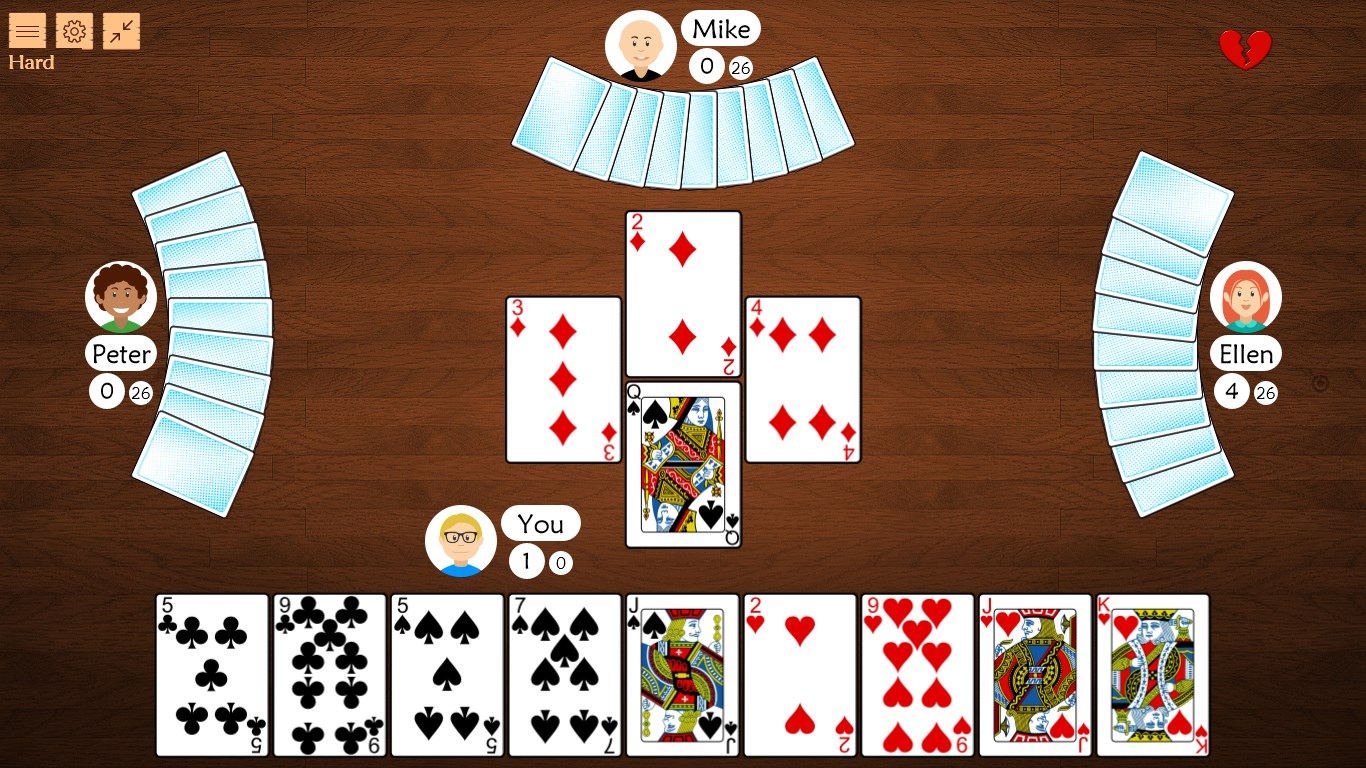 During each trick, players play one card in turn. Reading the table and choosing the right card is key to avoiding hearts and the queen of spades.