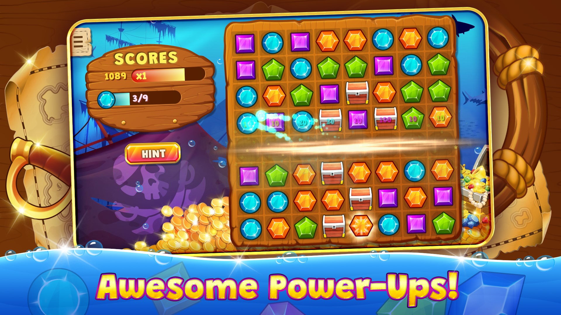 Power-ups light up the jewel board with colorful effects.