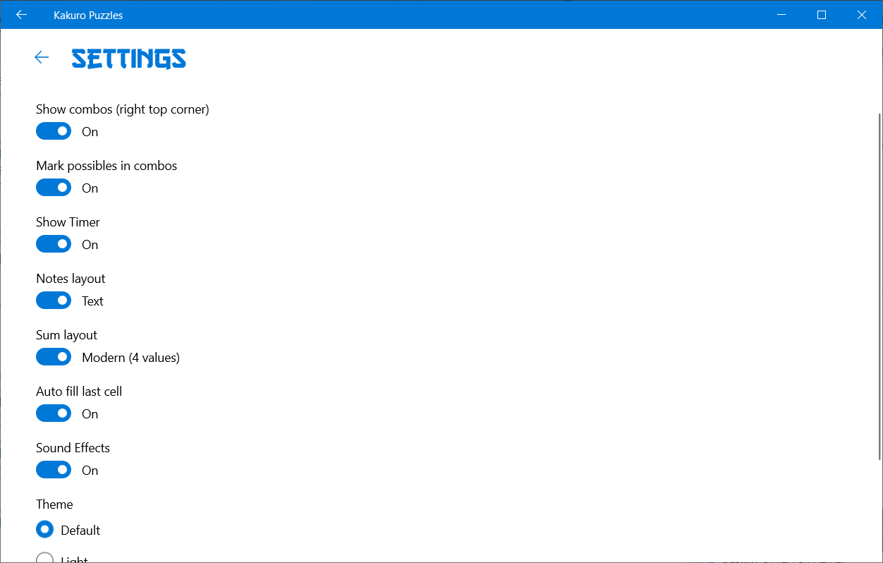 Settings page