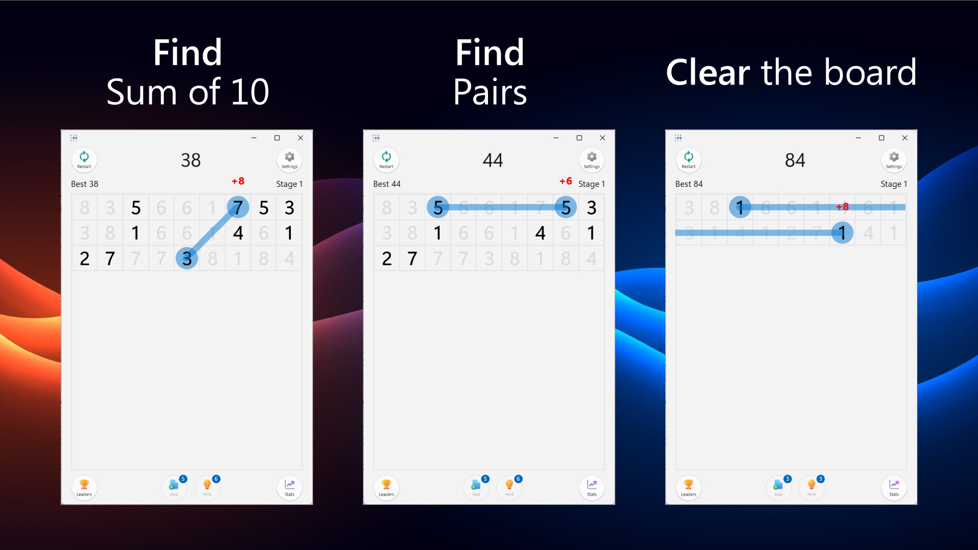 Find Sum of 10 and Pairs and Clear the board