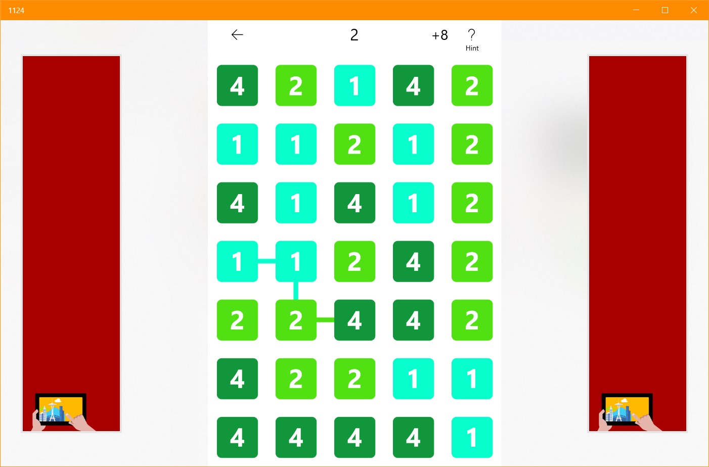 Search and connect two same numbers as a start. The next connect number can be the same or can be multiplied by 2.