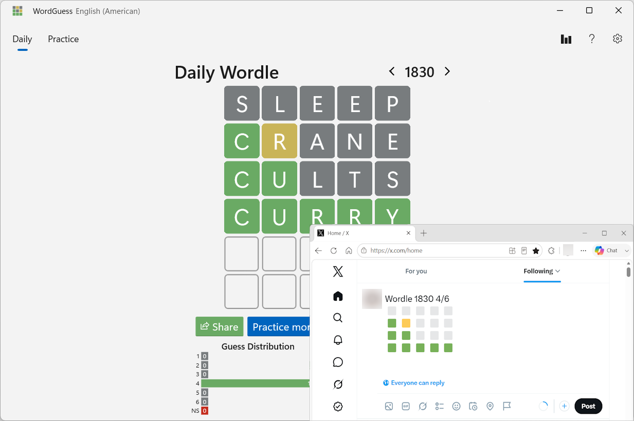 Share your results with your firends. Just click the Share button, this will copy a grid of how you arrived at the answer so you can paste it into a Tweet or a Facebook post