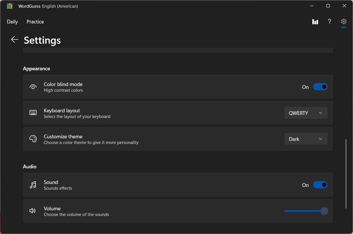 Appearance & Audio settings, including dark mode
