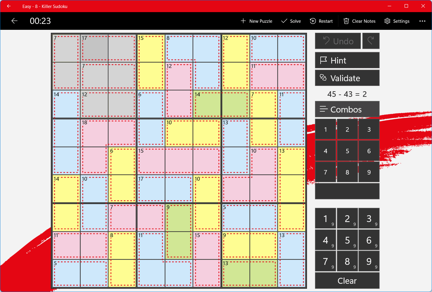When you look at the cages located inside a house (row/column/nonet), you often find some cages that are only partially located inside that house. A part of the cage sticks out. Now when you omit such a cage, the cells from that cage inside the house are called “innies”. When on the other hand you include that cage in your calculations, the cells sticking out of the house are called “outies”. As killer solvers, we are very interested in innies and outies, because they are the most important tools to solve the puzzle.