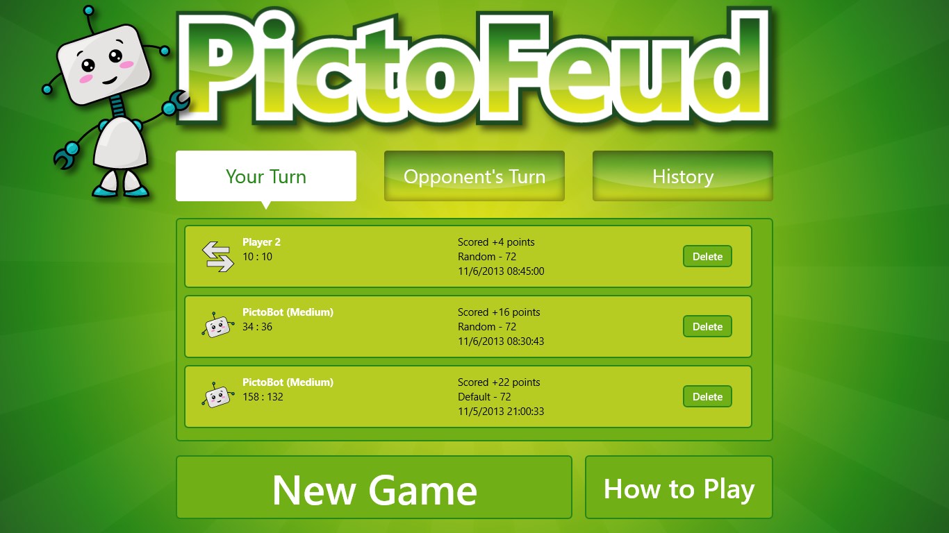 The start screen includes lists of games in progress and game stats for past games.