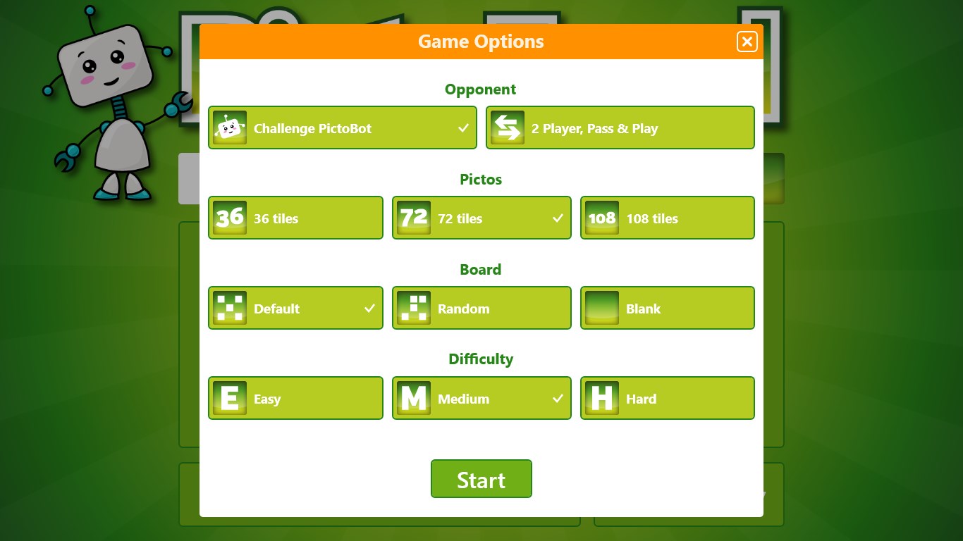 The game options dialog appears after the "New Game" button on the start screen is clicked.
