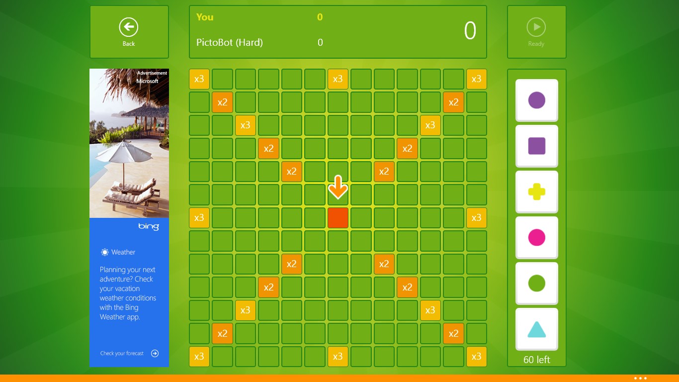 This screenshot shows a fresh game after choosing the smartest version of PictoBot to play against.