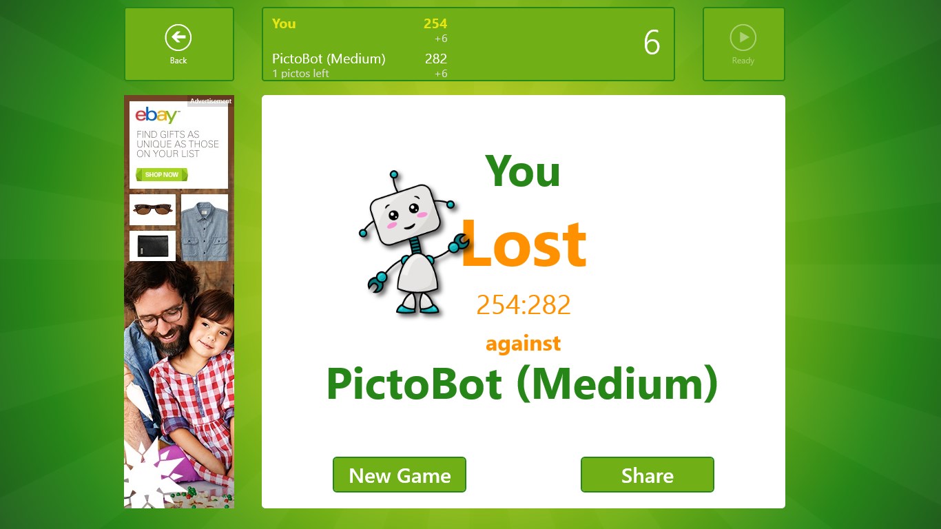 At the end of a game, a dialog displays game stats.