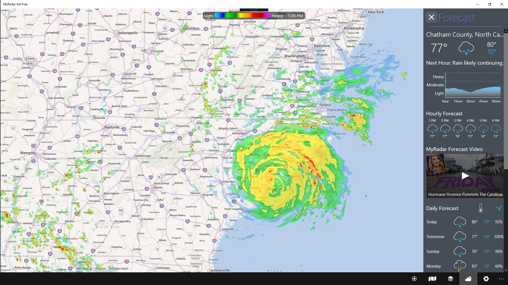 There are different map types available as well as a full hourly and 5-day forecast.