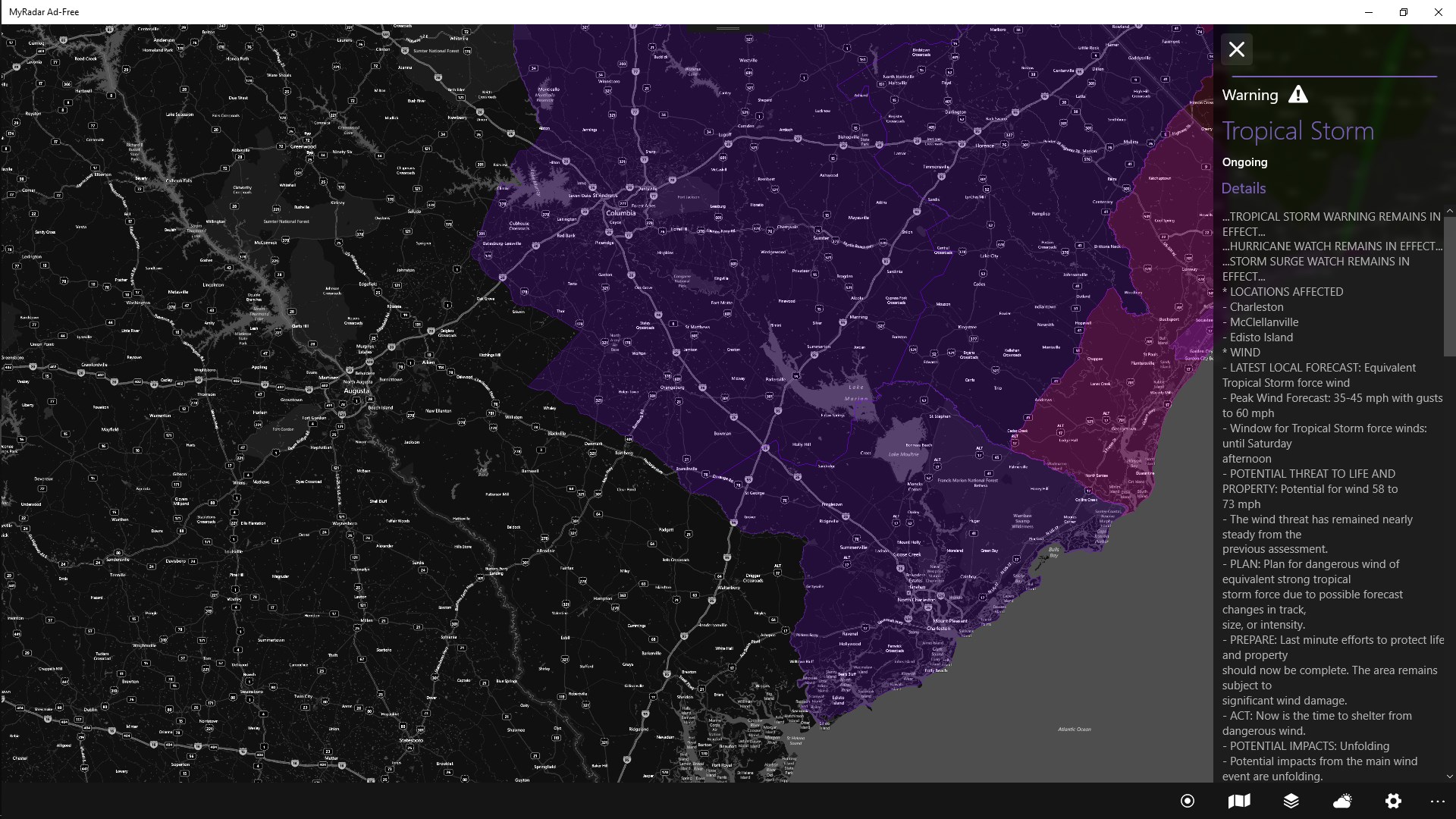 National weather service warnings are drawn on the map.  Tapping one will display the effective time and actual text of the warning.