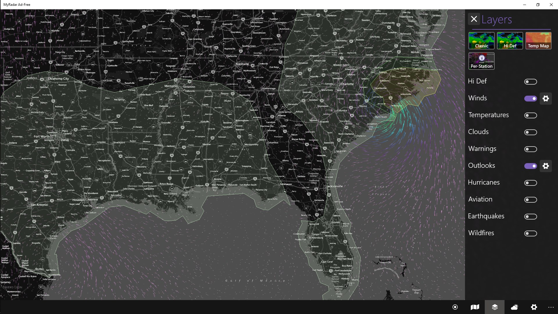 With the weather outlooks and wind layers enabled, you can see not only predicted severe weather or snowfall, but also the current direction of the wind!