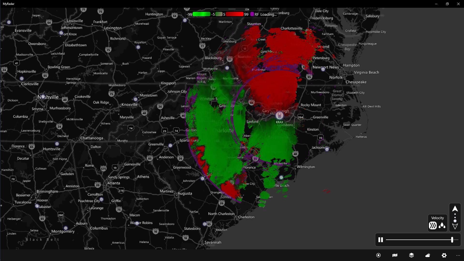 An optional per-station radar mode is available that allows you to select a specific radar station, change between reflectivity and velocity radar, and select from 3 different elevation scans!